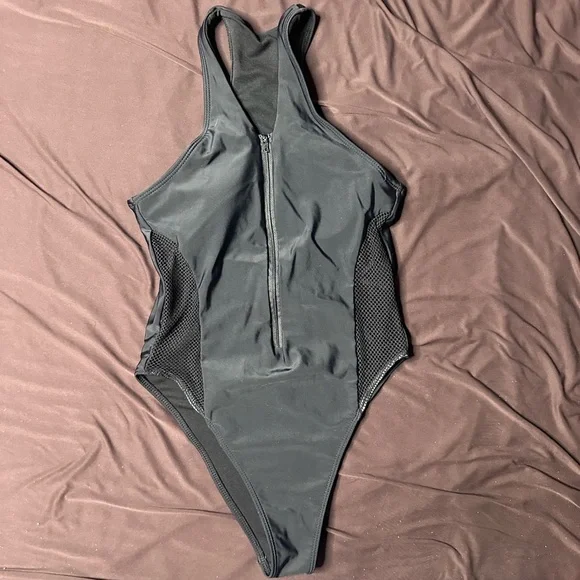 Black One-Piece Zip Up Swimsuit with Mesh Accents - Picture 5 of 13